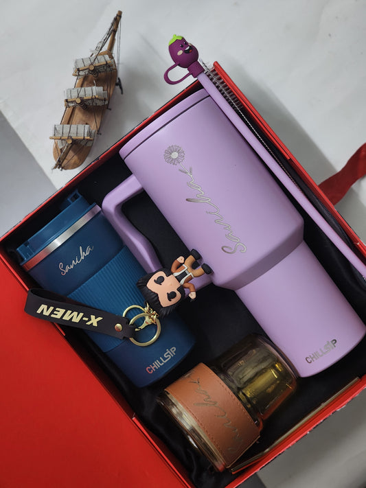 VibeNest Custom Chill Trio Gift Hamper – Flare Tumbler, Nova Glass Sipper & Evoque Coffee Mug