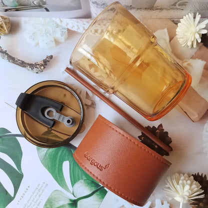 Nova — Personalized Glass Sipper | 400ml with Leather-Style Grip